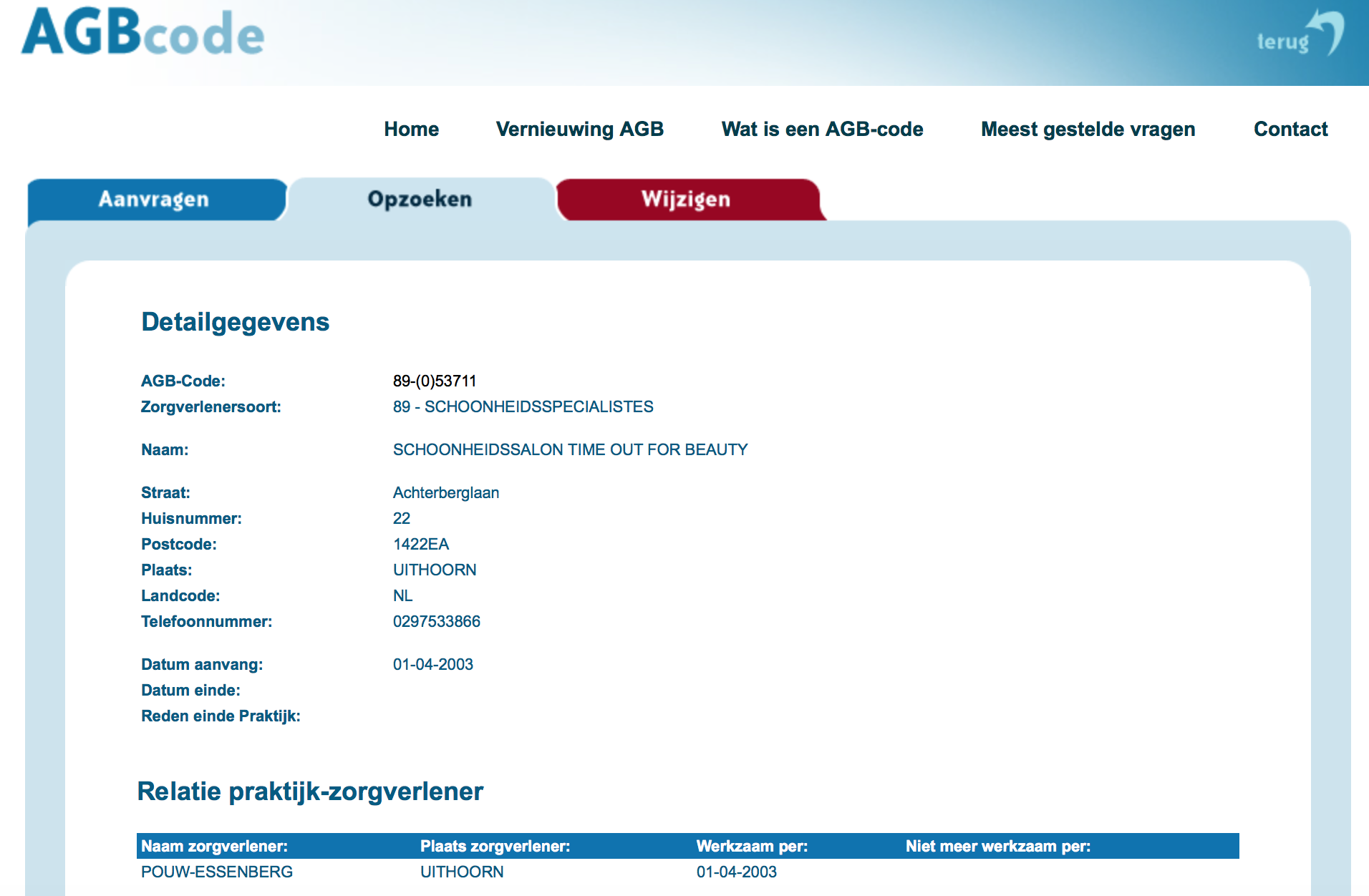 AGBCode vergoeding Schoonheidssalon Time out for Beauty